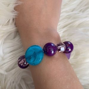Purple blue stones beads elastic vintage vtg bracelet costume jewelry statement